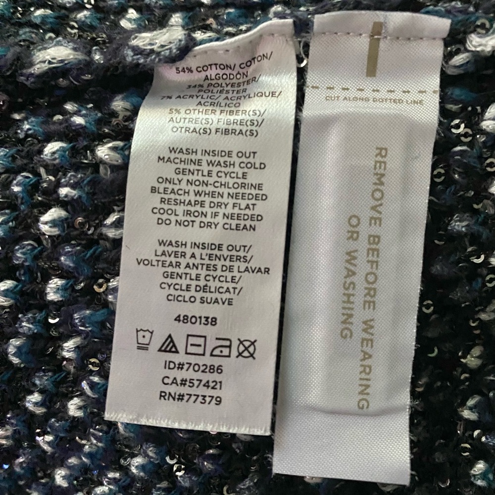 Ann Taylor Women Sequin Fringe Navy & White Metallic Chunky Knit Sweater Size XL - Picture 9 of 9